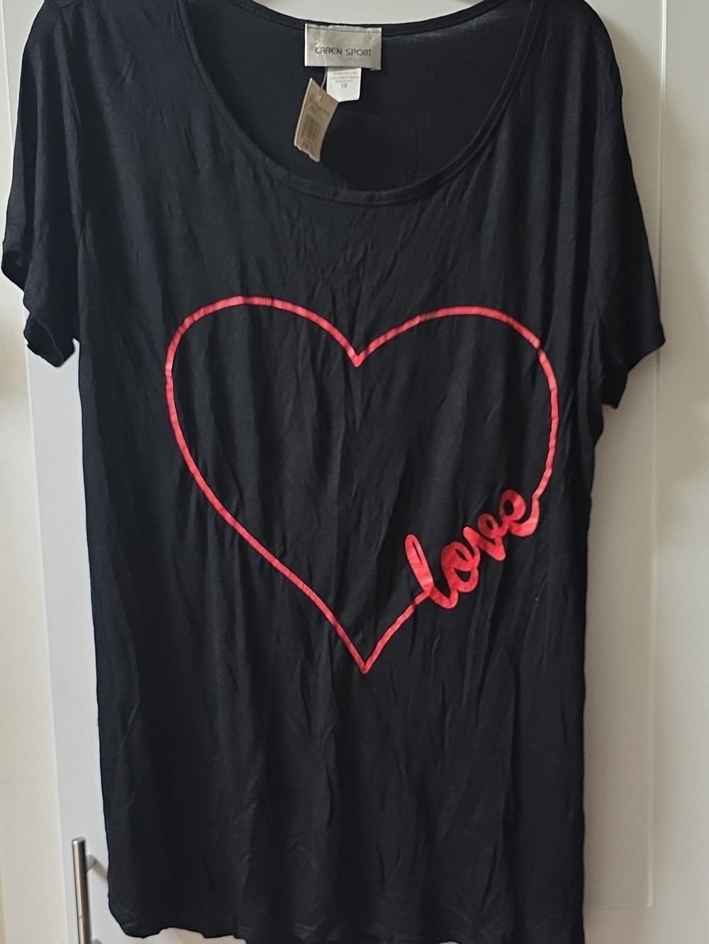 Caren Sport Black Short-Sleeve Tee with Pink Heart and "Love" Script Size 1X